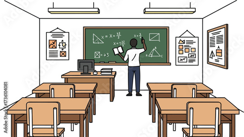 Teacher explains math equations on chalkboard in classroom