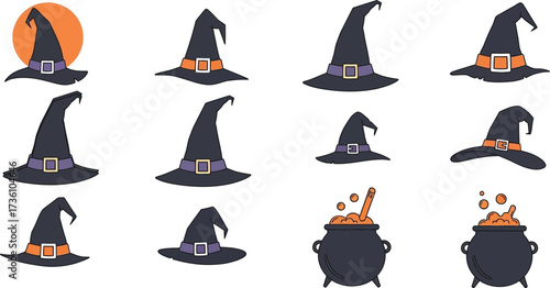 Vector illustration of witch hats and cauldrons for halloween
