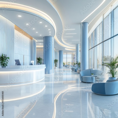 Modern, light-blue lobby with curved design