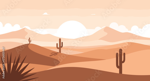 A serene desert landscape with rolling sand dunes dotted with cacti under a bright sun and distant mountains.