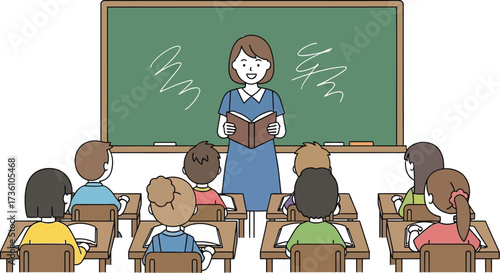 Teacher reads to students in classroom with chalkboard behind
