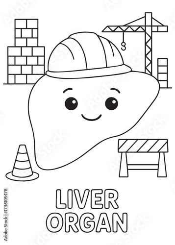 coloring book liver organ with helmet at construction site, anatomy cartoon for kids
