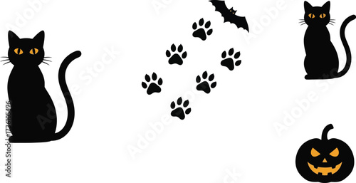Halloween themed vector art with black cats and pumpkin