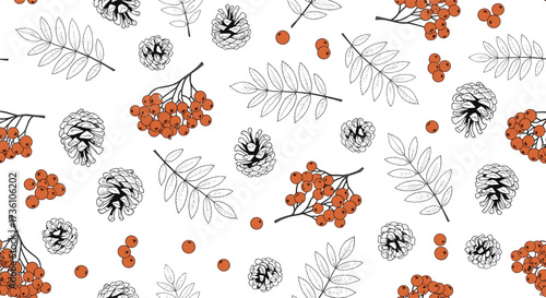 Autumn forest elements with berries and leaves.