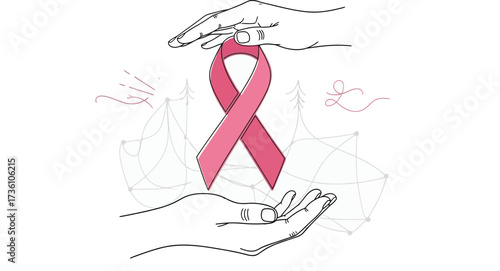 Pink ribbon for breast cancer awareness held by two hands