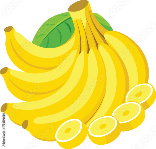 Bunch of ripe yellow bananas with sliced pieces and a green leaf