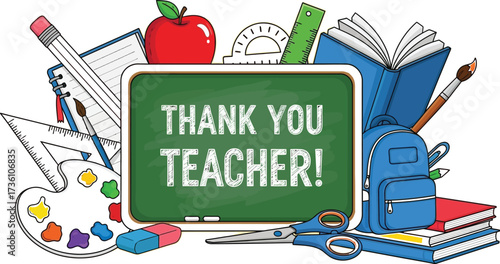 Thank you teacher chalkboard with school supplies cartoon