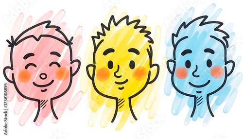 Vibrant Hand-Drawn Cartoon Faces of Diverse Happy Kids with Colorful Marker Strokes Illustrating Joy and Friendship