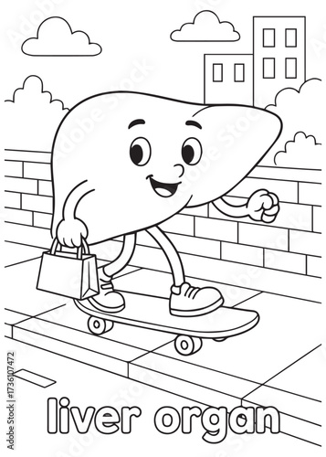 coloring book liver organ skateboarding in city, anatomy cartoon for kids