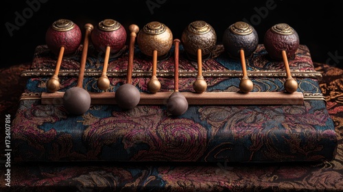 Traditional Musical Instruments with Colorful Drums and Sticks on Ornate Fabric Background
