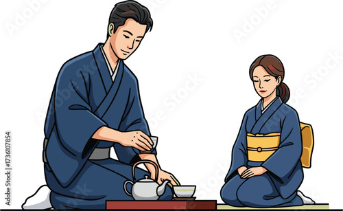 Japanese tea ceremony illustration, traditional kimono attire, cultural heritage artwork, mindfulness practice, Zen lifestyle, ritual, harmony, tradition, respect, peaceful celebration