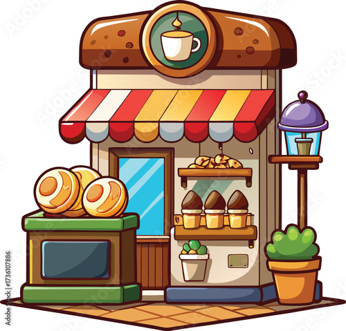 Cartoon Bakery Storefront with Pastries and Coffee Sign – Vector Café Illustration