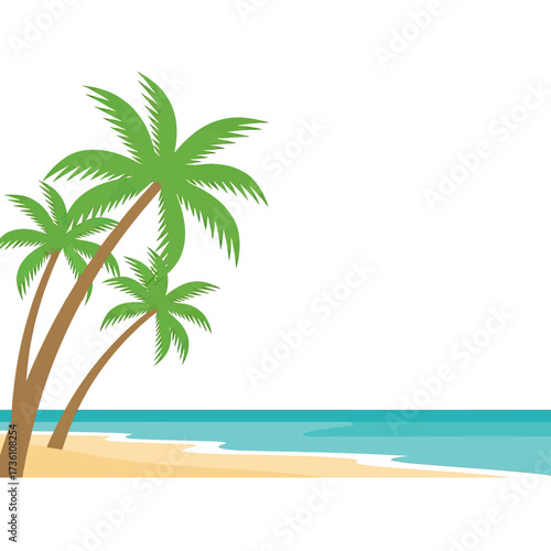 A serene beach scene featuring three palm trees, golden sand, and the ocean under a clear sky.