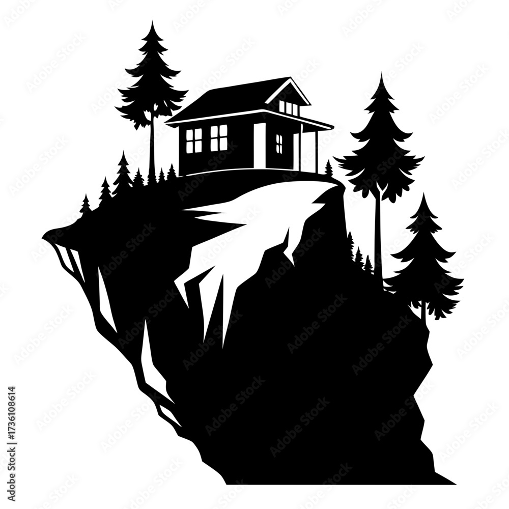 Fototapeta premium Cliffside Retreat vector clean black silhouette design white background