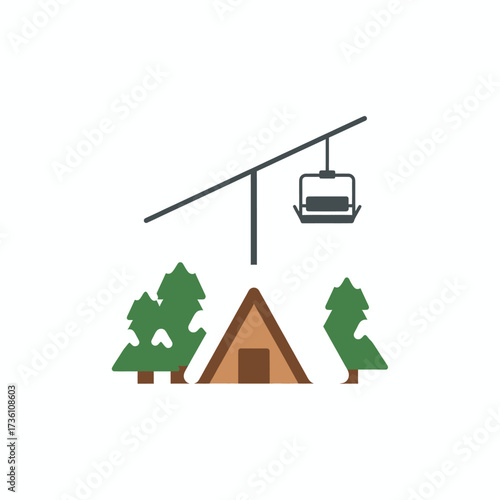 Illustration of a ski lift over a cabin in a forest.