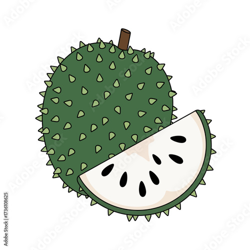 Illustration of a whole green soursop fruit with spiky skin and a slice showing white flesh and black seeds.