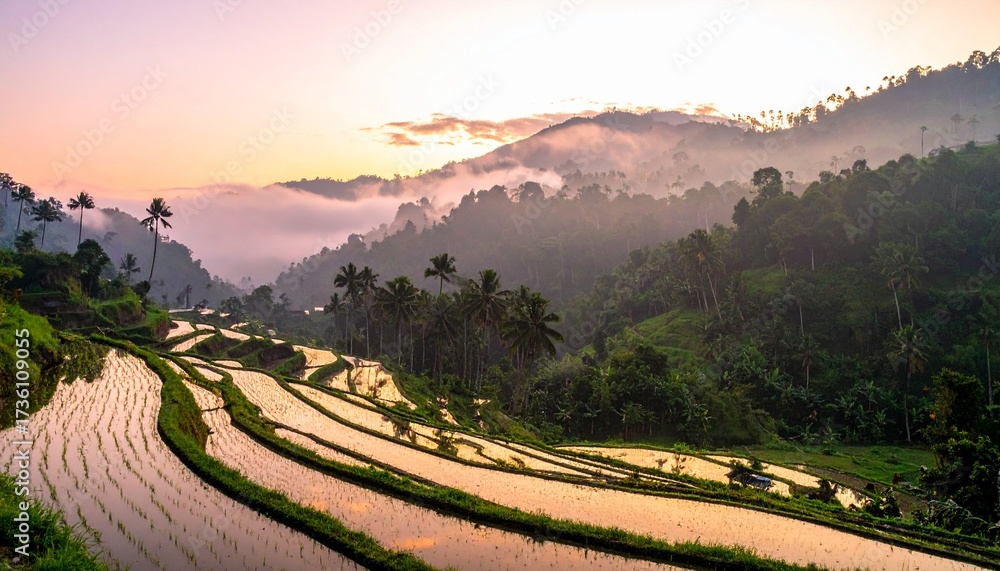 Obraz premium Sunrise Reflections on Rice Paddies in Mountain Valley