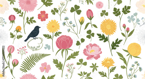 A charming floral pattern featuring a variety of colorful blossoms and delicate greenery.