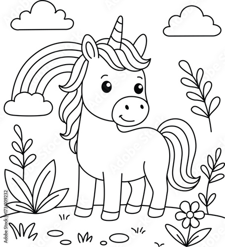 Cute Cartoon Baby Unicorn with Rainbow Coloring Page.cdr
