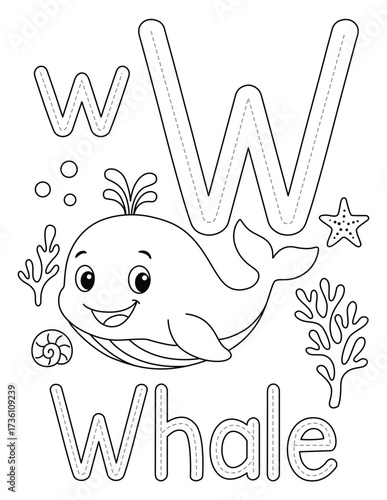 Smiling Cartoon Whale Alphabet Letter W Coloring Page