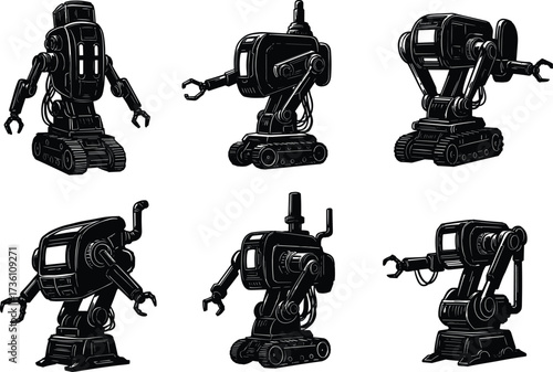 Futuristic robot silhouettes, robotic arm machines, artificial intelligence technology, automation industry robots, mechanical engineering illustration