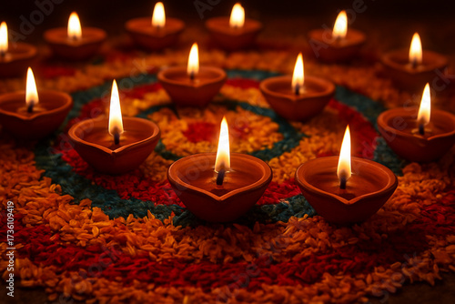 Traditional Diwali Celebration with Clay Oil Lamps and Colorful Rangoli Decoration