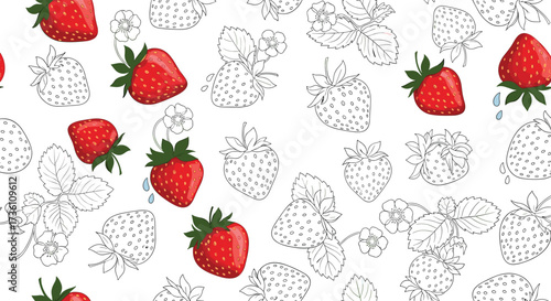 Sweet ripe red strawberries falling with water droplets and outline patterns.