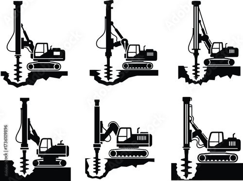 Heavy duty drilling machine silhouettes, construction equipment, soil drilling rigs, foundation machinery, excavation tools, industrial engineering