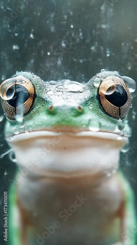 A close-up of a frog's face, adorned with water droplets, with striking golden eyes