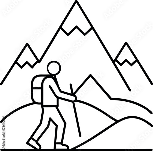 Minimalist Line Art of Hiker with Walking Stick in Mountain Landscape