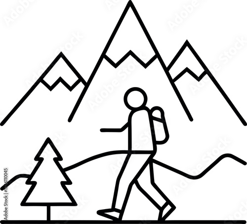 Minimalist Hiking Scene with Mountains and Tree Line Art