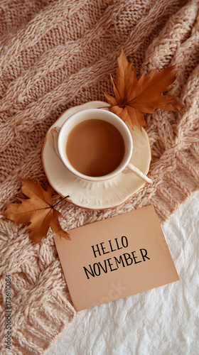 Cup of coffee on knitted blanket with autumn leaves and hello november card in cozy setting