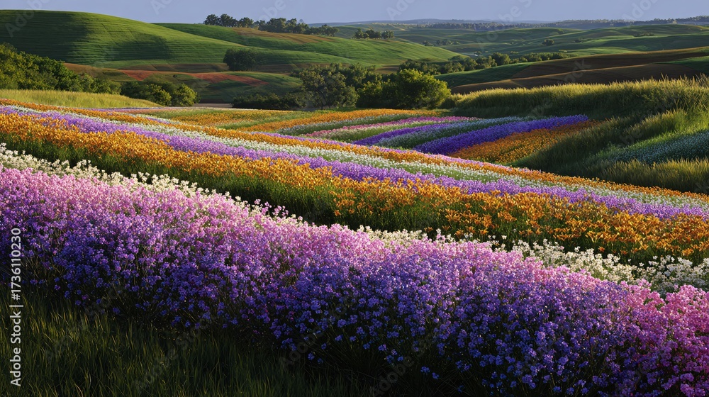 Obraz premium Colorful Spring Meadow with Blooming Wildflowers Spanning Across Rolling Hills