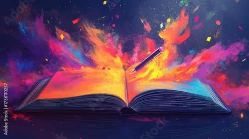Open book radiating colorful creative energy with pen