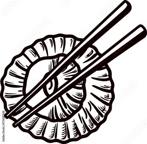 Hand drawn dumpling illustration with chopsticks on plate, vintage engraving food sketch