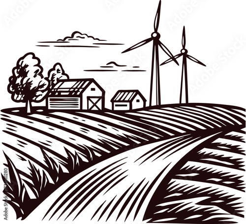 Rustic farm landscape with barns wind turbines and winding road hand drawn engraving illustration