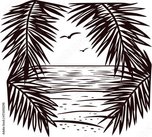 Tropical beach landscape with palm leaves and birds over calm sea in hand drawn sketch