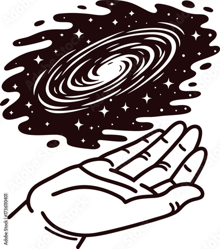 Cosmic galaxy swirling above open human hand in monochrome line art with stars and space elements