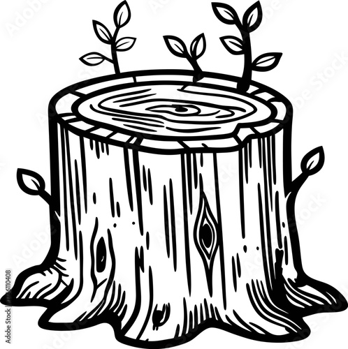 Hand drawn tree stump with sprouting leaves in vintage woodcut illustration