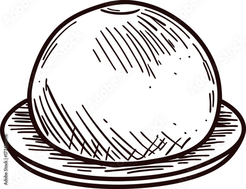 Hand drawn round butter pat on small plate vintage etched dairy food illustration