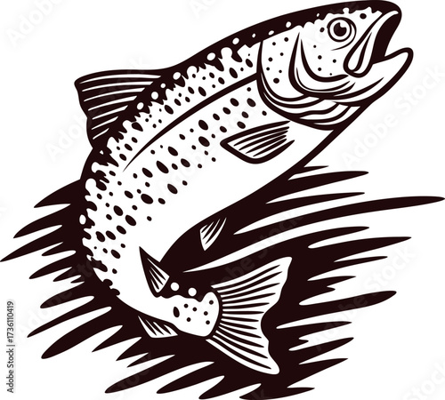 Detailed hand drawn trout illustration with open mouth and spread fins in dynamic pose isolated on white background
