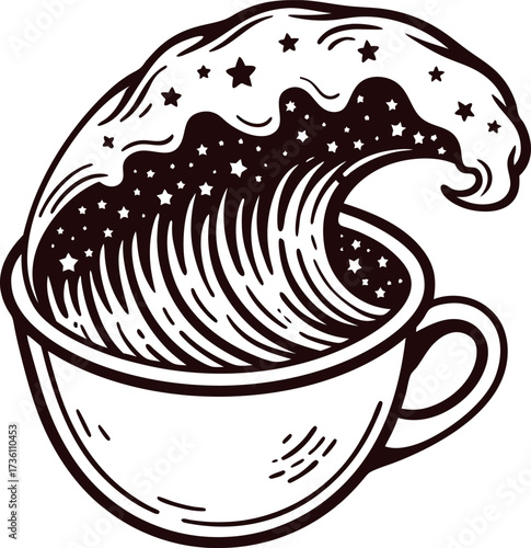 Surreal wave with stars in teacup black and white whimsical cosmic illustration