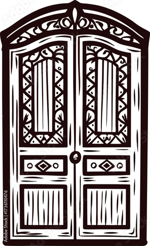 Ornate wooden double door with decorative carved vintage pattern, isolated illustration on white background