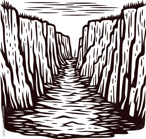 Woodcut illustration of deep river canyon with steep cliffs and rippling water surface under sky