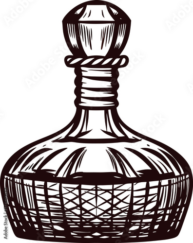 Decorative hand drawn crystal decanter with ornate stopper vintage engraved illustration