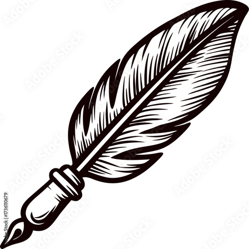 Engraved vintage illustration of classic quill pen with detailed feather isolated on white background