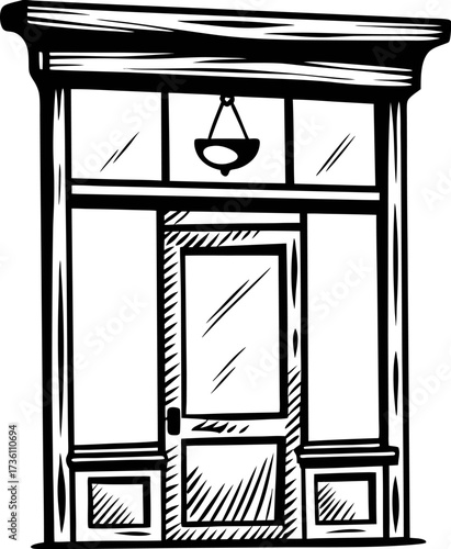 Hand drawn wooden shop entrance door with glass panels and hanging lamp, vintage engraving illustration