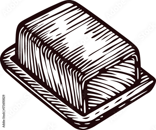 Vintage engraved illustration of a rectangular butter block on a tray, hand drawn sketch isolated on white