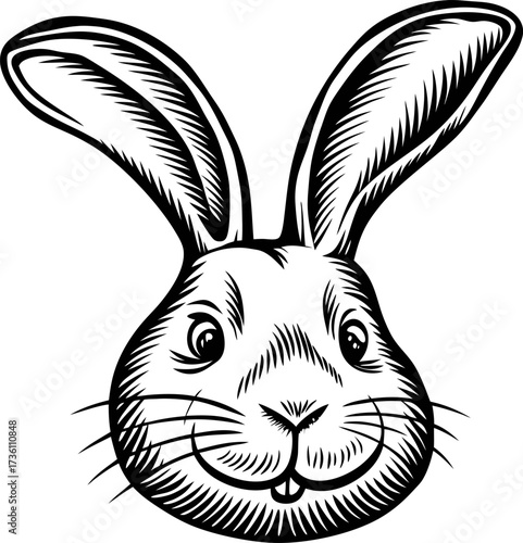 Hand drawn illustration of a cute rabbit face with large ears in vintage engraved sketch