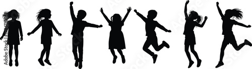Children silhouettes jumping, kids playing and dancing, happy childhood moments, black and white vector illustration, joyful people clipart, active lifestyle art, fun design